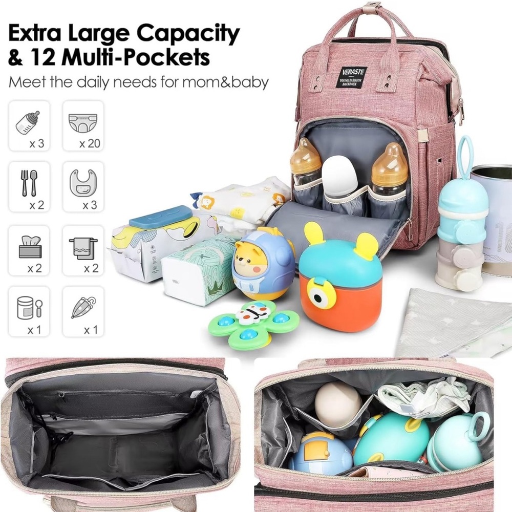 Diaper backpack, pink, with changing station